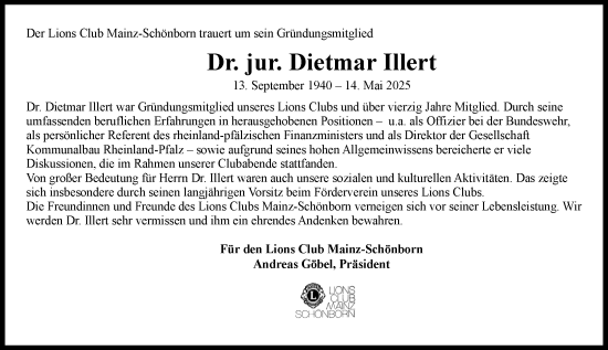 Traueranzeige von Dietmar Illert von Allgemeine Zeitung Mainz