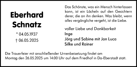 Traueranzeige von Eberhard Schnatz von Darmstädter Echo