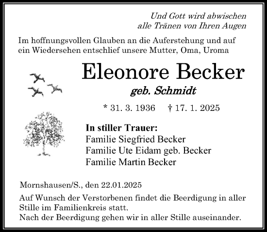 Traueranzeige von Eleonore Becker von Hinterländer Anzeiger