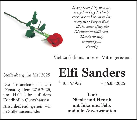 Traueranzeige von Elfi Sanders von Hinterländer Anzeiger