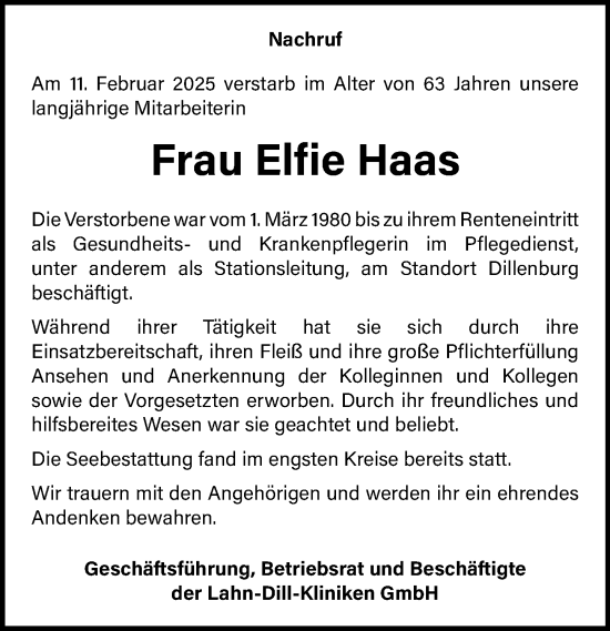 Traueranzeige von Elfie Haas von Dill Block