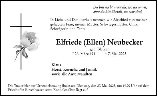 Traueranzeige von Elfriede Neubecker von Starkenburger Echo