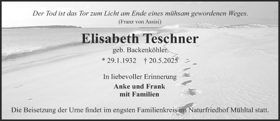 Traueranzeige von Elisabeth Teschner von Darmstädter Echo