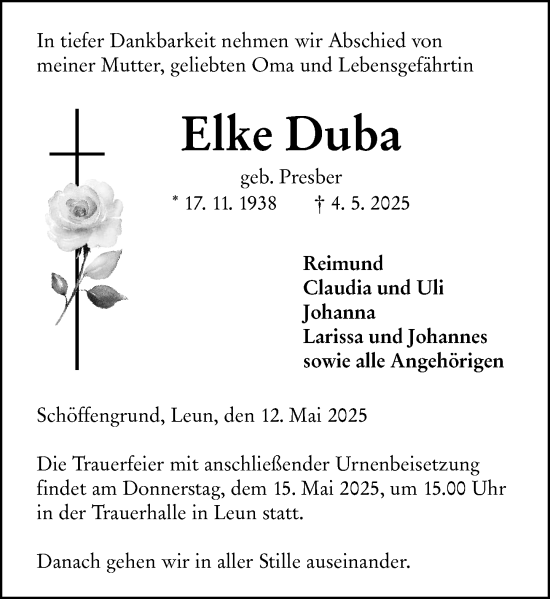 Traueranzeige von Elke Duba von Wetzlarer Neue Zeitung