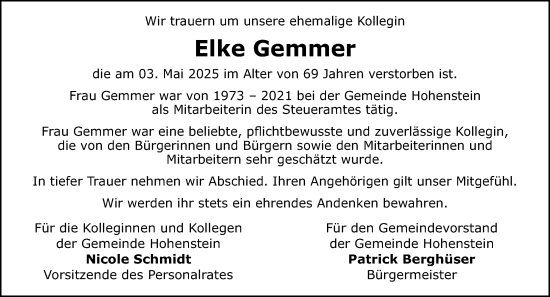Traueranzeige von Elke Gemmer von Idsteiner Land/Untertaunus