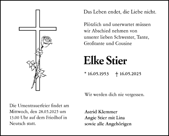 Traueranzeige von Elke Stier von Darmstädter Echo