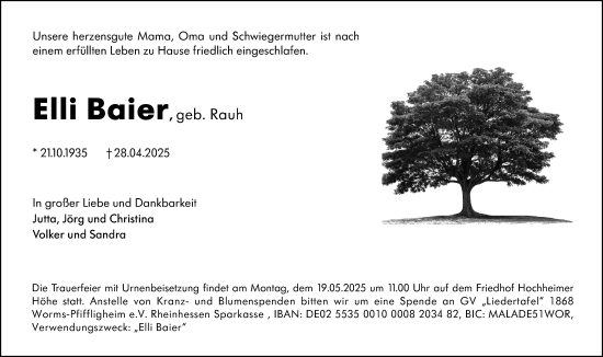 Traueranzeige von Elli Baier von Wormser Zeitung