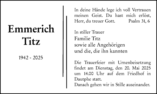 Traueranzeige von Emmerich Titz von Hinterländer Anzeiger