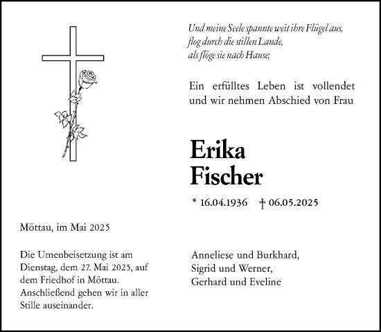 Traueranzeige von Erika Fischer von Weilburger Tageblatt