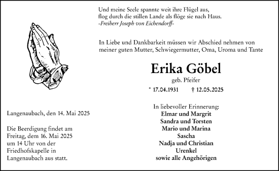 Traueranzeige von Erika Göbel von Dill Block