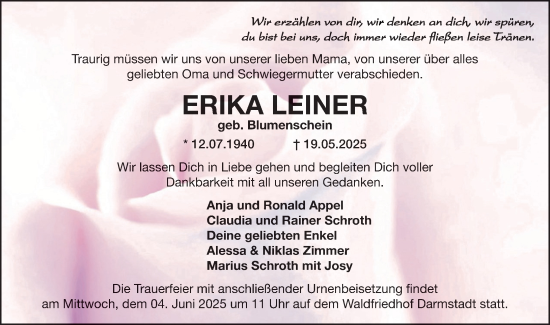 Traueranzeige von Erika Leiner von Darmstädter Echo