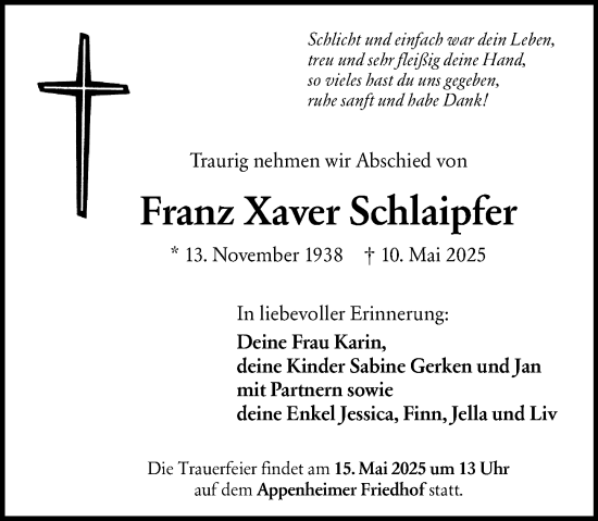 Traueranzeige von Franz Xaver Schlaipfer von Allgemeine Zeitung Rheinhessen-Nahe