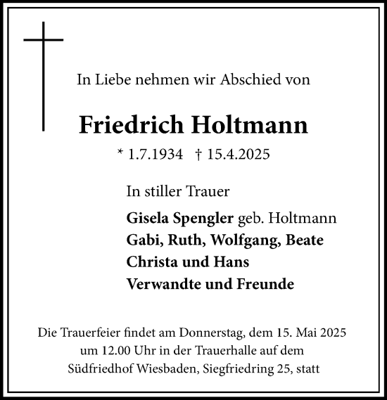 Traueranzeige von Friedrich Holtmann von Wiesbadener Kurier