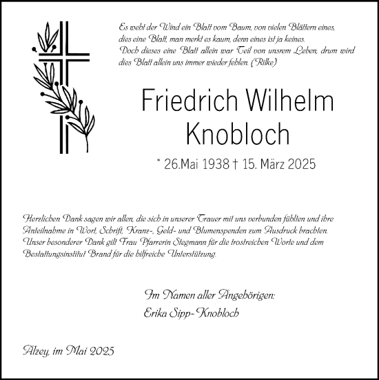 Traueranzeige von Friedrich Wilhelm Knobloch von Allgemeine Zeitung Alzey