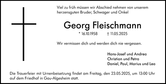 Traueranzeige von Georg Fleischmann von Allgemeine Zeitung Rheinhessen-Nahe