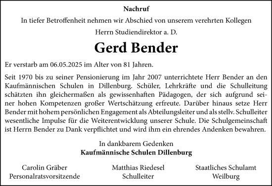 Traueranzeige von Gerd Bender von Dill Block