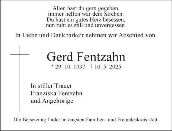 Traueranzeige von Gerd Fentzahn von Allgemeine Zeitung Mainz