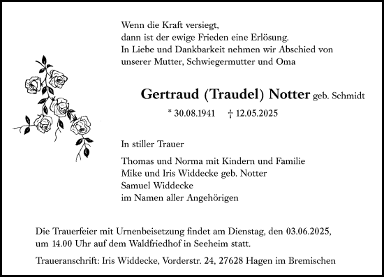 Traueranzeige von Gertraud Notter von Darmstädter Echo