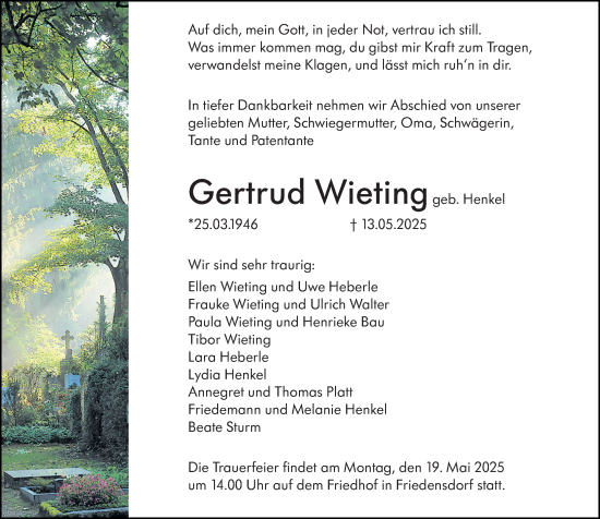 Traueranzeige von Gertrud Wieting von Hinterländer Anzeiger