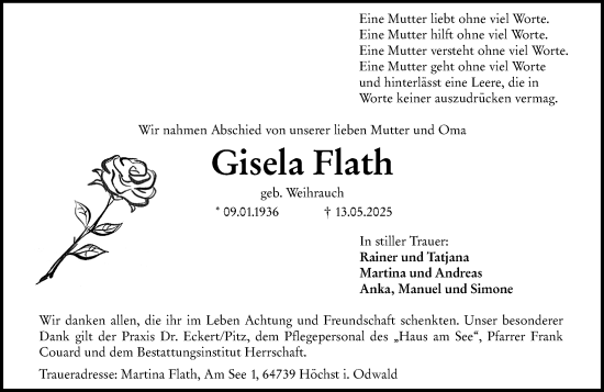 Traueranzeige von Gisela Flath von Odenwälder Echo