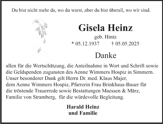 Traueranzeige von Gisela Heinz von Allgemeine Zeitung Rheinhessen-Nahe