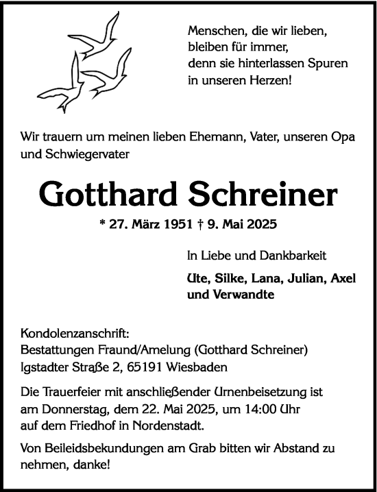 Traueranzeige von Gotthard Schreiner von Wiesbadener Kurier