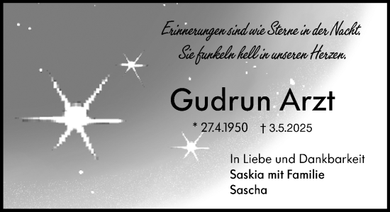 Traueranzeige von Gudrun Arzt von Odenwälder Echo