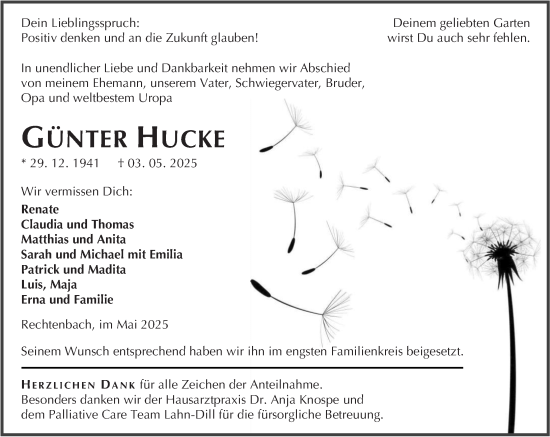 Traueranzeige von Günter Hucke von Wetzlarer Neue Zeitung