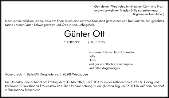 Traueranzeige von Günter Ott von Wiesbadener Kurier