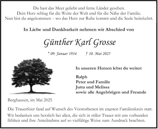 Traueranzeige von Günther Karl Grosse von Wetzlarer Neue Zeitung