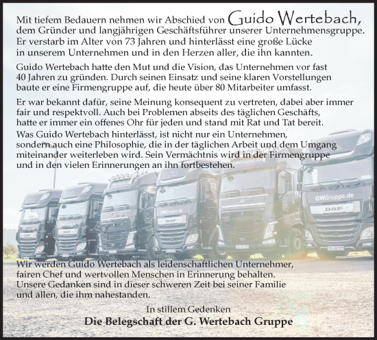 Traueranzeige von Guido Wertebach von Dill Block