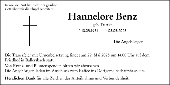 Traueranzeige von Hannelore Benz von Weilburger Tageblatt