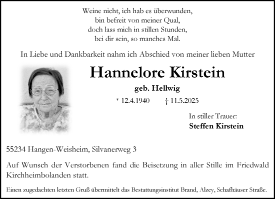 Traueranzeige von Hannelore Kirstein von Allgemeine Zeitung Alzey
