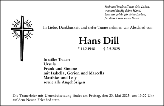 Traueranzeige von Hans Dill von Hochheimer Zeitung