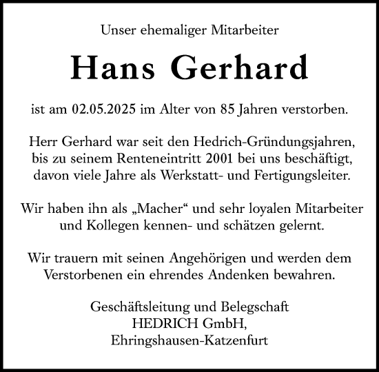 Traueranzeige von Hans Gerhard von Wetzlarer Neue Zeitung