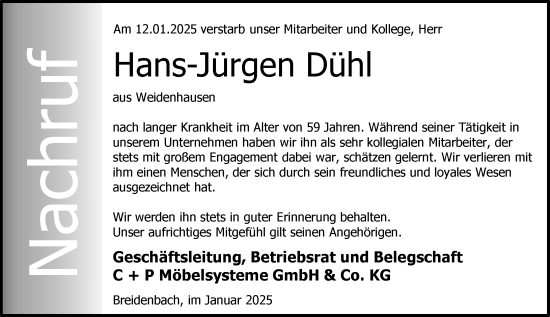 Traueranzeige von Hans-Jürgen Dühl von Hinterländer Anzeiger