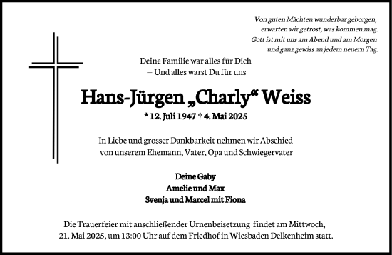 Traueranzeige von Hans-Jürgen Weiss von Wiesbadener Kurier