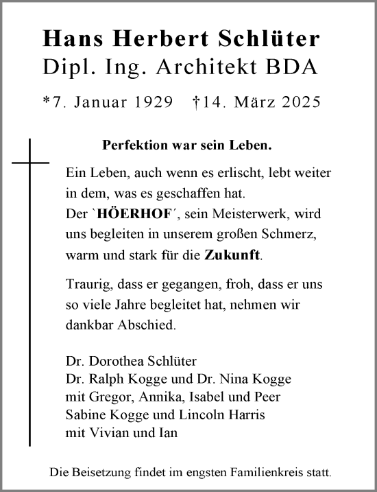 Traueranzeige von Hans Herbert Schlüter von Wiesbadener Kurier