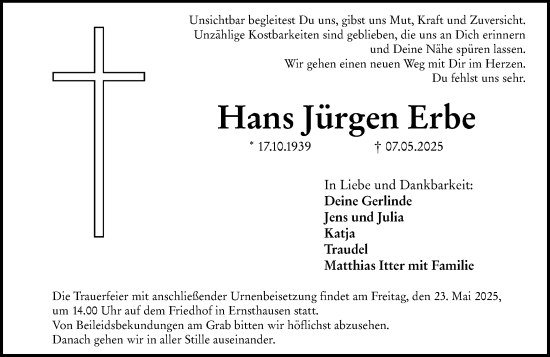 Traueranzeige von Hans Jürgen Erbe von Weilburger Tageblatt