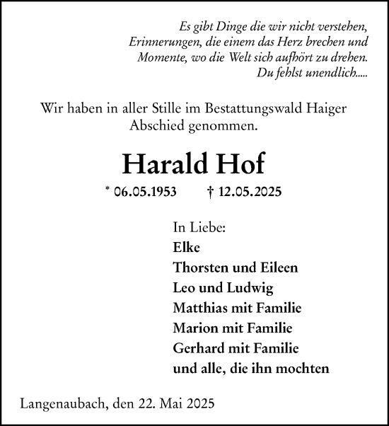 Traueranzeige von Harald Hof von Dill Block