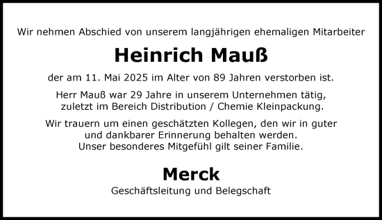 Traueranzeige von Heinrich Mauß von Darmstädter Echo