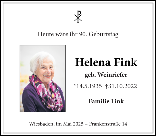 Traueranzeige von Helena Fink von Wiesbadener Kurier