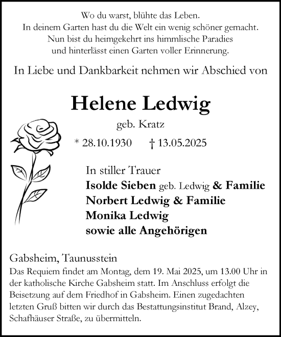 Traueranzeige von Helene Ledwig von Allgemeine Zeitung Alzey
