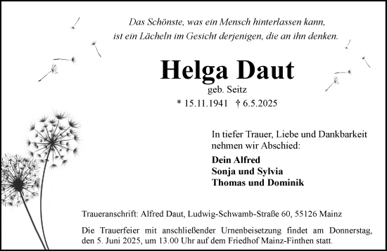 Traueranzeige von Helga Daut von Allgemeine Zeitung Mainz