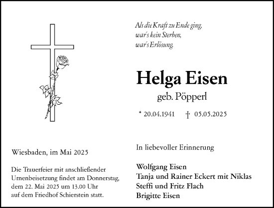 Traueranzeige von Helga Eisen von Wiesbadener Kurier