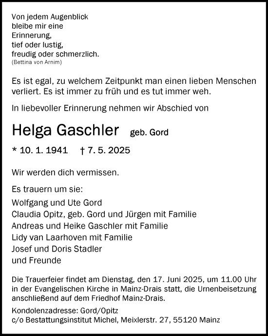 Traueranzeige von Helga Gaschler von Allgemeine Zeitung Mainz