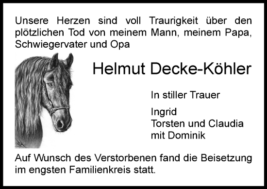 Traueranzeige von Helmut Decke-Köhler von Dieburger Anzeiger/Groß-Zimmerner Lokal-Anzeiger