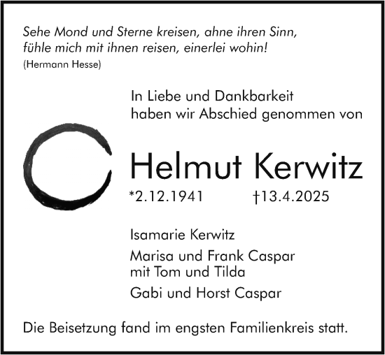 Traueranzeige von Helmut Kerwitz von Allgemeine Zeitung Mainz