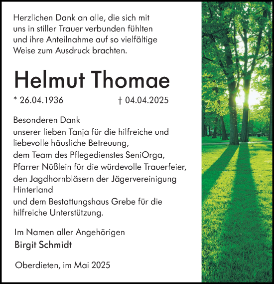 Traueranzeige von Helmut Thomae von Hinterländer Anzeiger