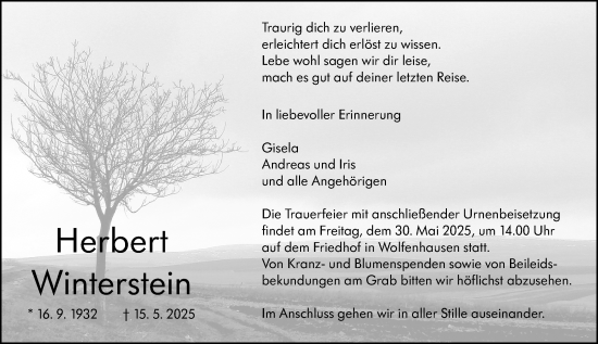 Traueranzeige von Herbert Winterstein von Weilburger Tageblatt